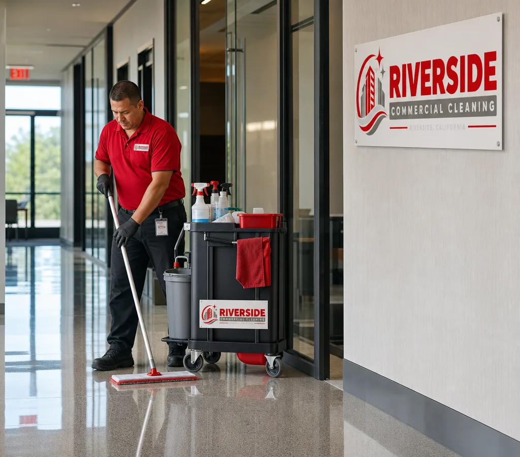 Janitorial technician cleaning a Riverside office corridor with a commercial cleaning cart