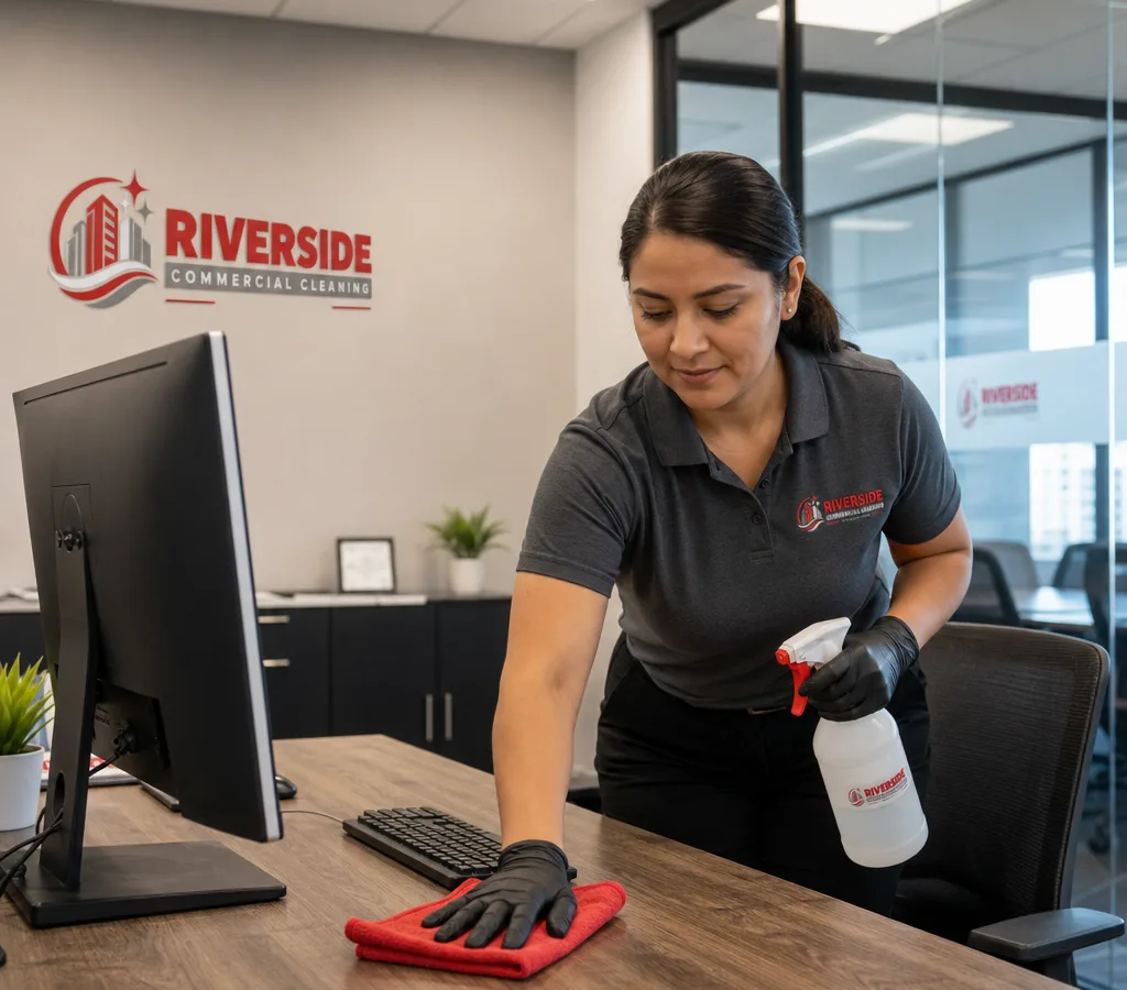 Cleaning technician disinfecting a modern Riverside office workstation