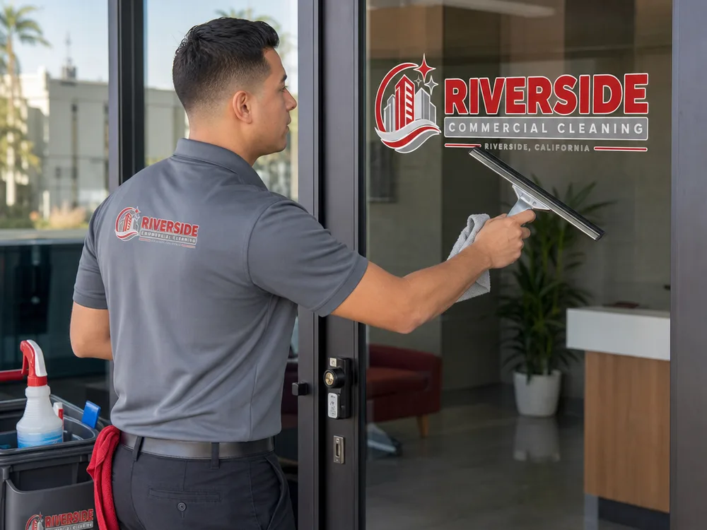 Technician cleaning commercial entry glass with a squeegee and microfiber cloth