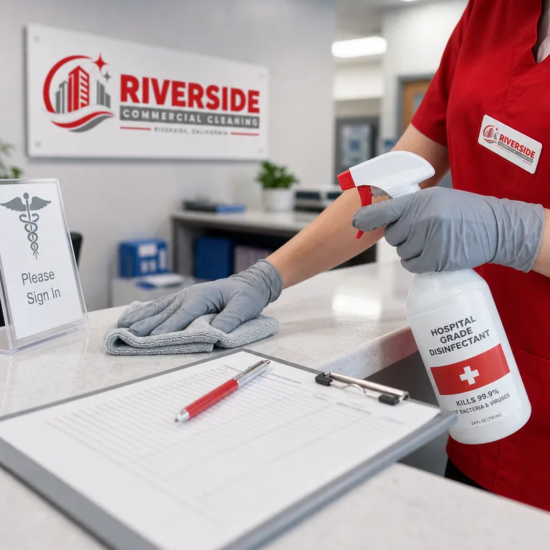 Gloved cleaner disinfecting a medical office check-in counter and clipboard area