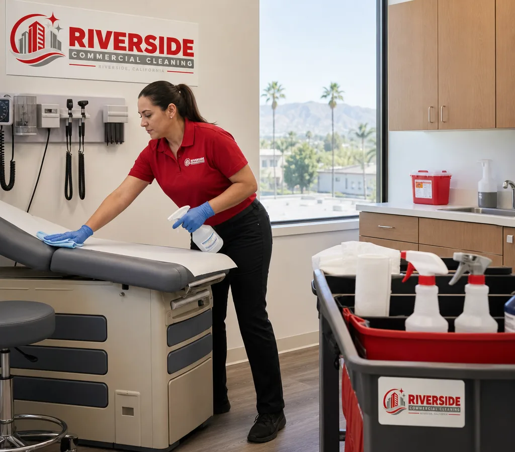 Professional cleaner disinfecting touchpoints in a Riverside medical exam room