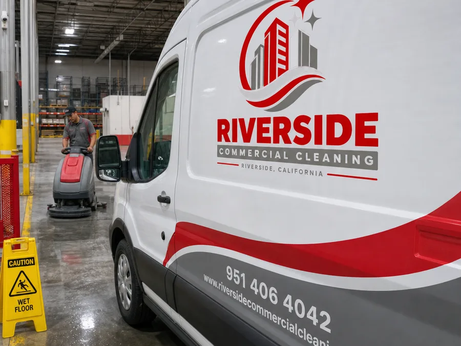 Cleaning technician using an auto-scrubber in a commercial operational corridor