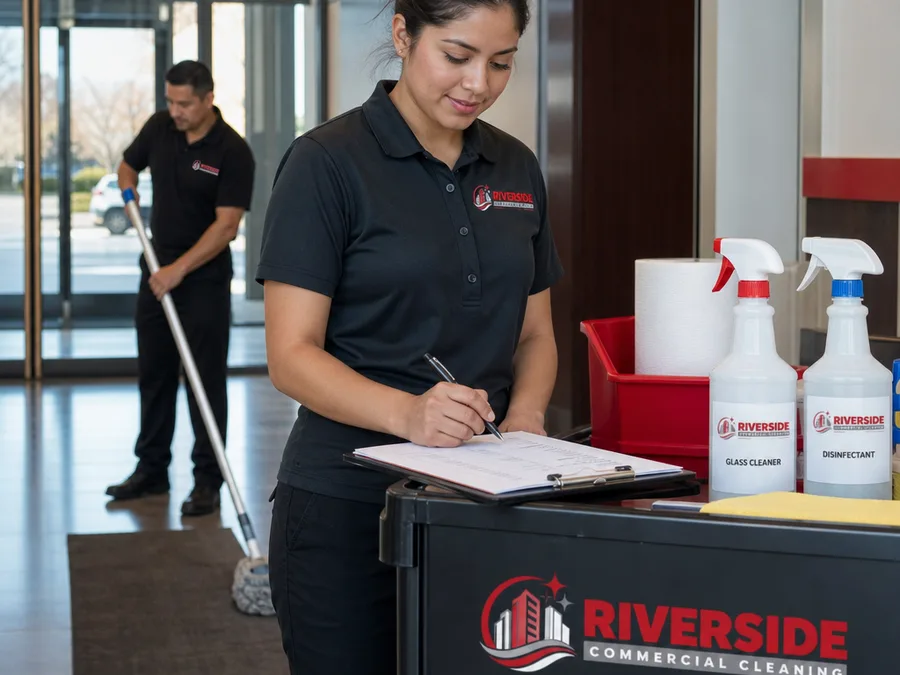 Uniformed Riverside commercial cleaning team staging labeled supplies and checklists in a facility hallway