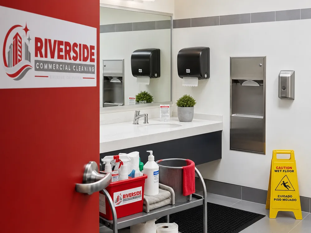 Spotless commercial restroom or breakroom with stocked dispensers and neatly staged cleaning supplies
